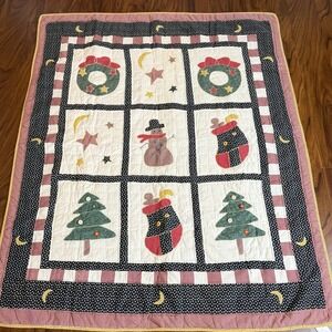 VTG Christmas Applique Quilt Throw Snowman Tree Wreath Primitive Country 50x60
